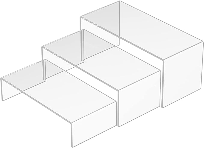 Clear Riser Shelf 3pcs, Desktop Rectangular Acrylic Display Shelves Organizer, Acrylic Stands for Funko Pop Figure, Perfumes, Bags, Shoes, Glasses, Plants, Toys, Collectibles - 8''x8.5''x9''