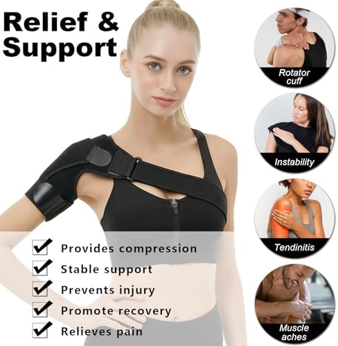 Shoulder Brace for Men & Women, Adjustable Shoulder Compression Sleeve Fits Left & Right Arms, Breathable Rotator Cuff Relief Brace for Pain Relief Compatible with Hot/Cold Pack (Black)