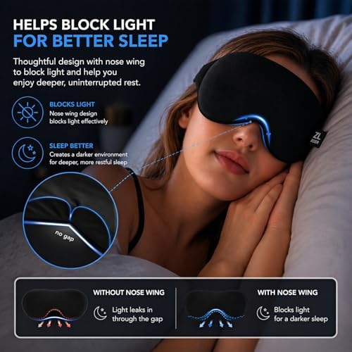 Cool Touch Cotton Eye Sleep Mask for Men & Women, Soft & Breathable, Pressure-Free Design for Side Sleepers, Adjustable Light Blocking Mask for Sleeping, Travel & Naps (Black)