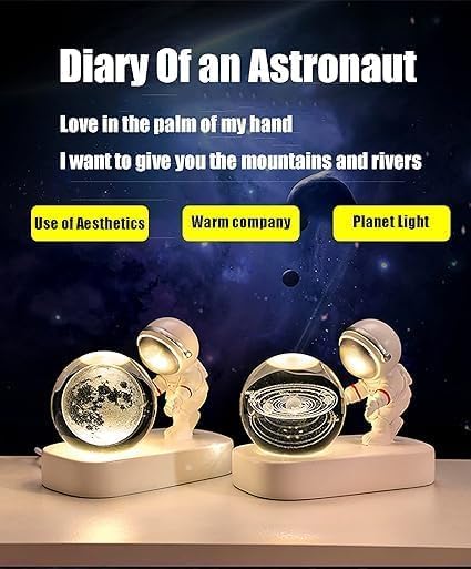 Generic Saturno de Cristal lampara de Saturno 2.4inch(60mm) Astronauts Night Light 3D Laser Engraved Quartz Glass Ball Home Decor Crafts (The Moon), White