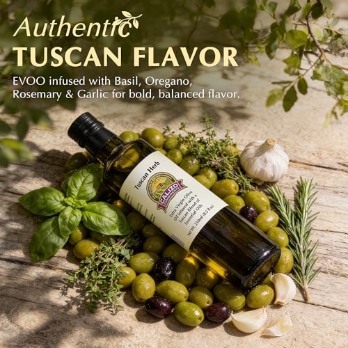 Calizo Tuscan Herb Infused Olive Oil, 250ml Glass Bottle, Cold Pressed Extra Virgin EVOO with Real Basil, Oregano, Rosemary, Garlic, Italian Dipping Oil for Bread, Pasta, Salad, Marinades, Gift Ready