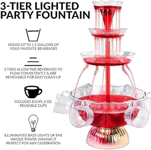 3-Tier Electric Cocktail Fountain Drink Machine with LED Base & 5 Cups – Perfect for Champagne, Wine, Beer, and Juice at Weddings Celebrations