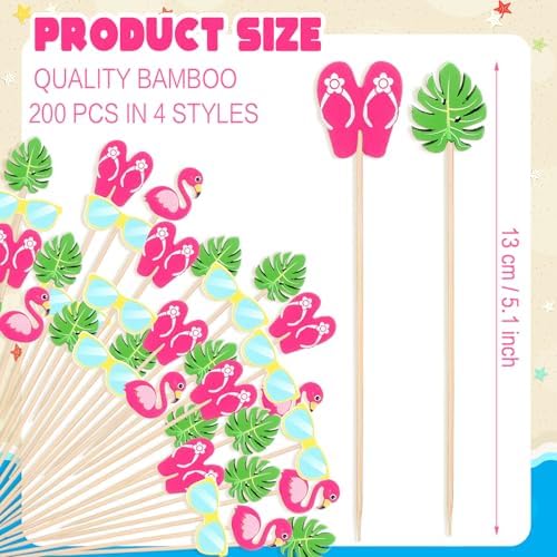 CHENGU 200 Pcs Summer Tropical Cocktail Picks Hawaiian Toothpicks Cupcake Toppers Beach Flamingo Palm Leaf Bamboo Fruit Sticks Cocktail Skewers for Appetizers Food Drinks Luau Party Decoration