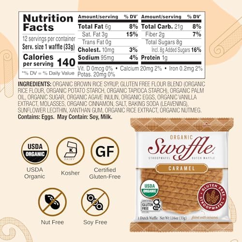 Gluten Free Certified Organic Stroopwafels by Swoffle - Caramel Filled, French Vanilla & Chocolate Caramel| (12) Individually Wrapped Waffles, (4) of Each Flavor | 1.16oz Wafers | non-GMO, Wheat Free, Kosher, No Dairy, Soy and Nut Free!