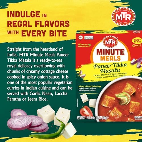 MTR - Minute Meals: Paneer Tikka Masala - Cottage Cheese with Spicy Onion Gravy - Tasty Indian Meal with No Added Preservatives - A Quick Meal Suitable for Vegetarians, Ready in Minutes! (Pack of 6)