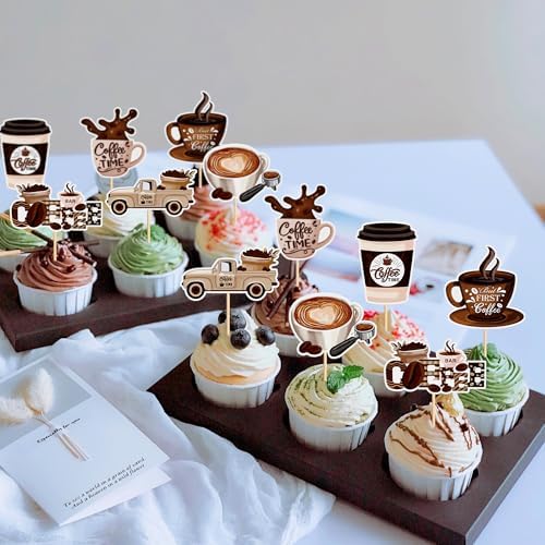 Ercadio 30 Pack Coffee Bar Cupcake Toppers Picks for Coffee Theme Party Decor