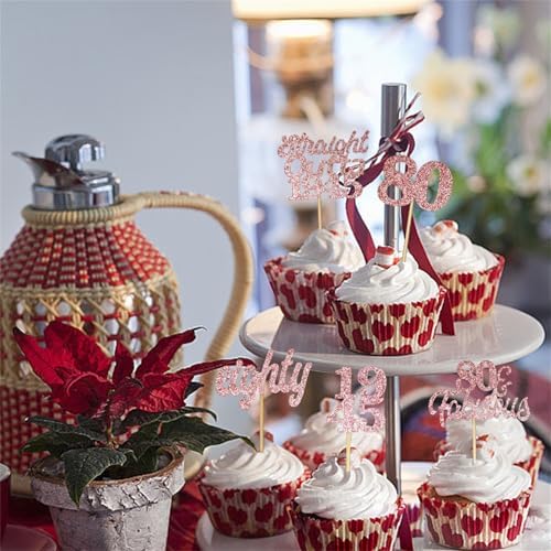 12 Pcs 80th Happy Birthday Cupcake Toppers Custom Cake Topper Rose Gold Glitter Cupcake Toppers Picks 80st Birthday Party or Boys Girls Women Men Wedding Anniversary Party Cake Decorations