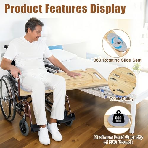 Wooden Slide Transfer Board,25 x10" Transfer Board with Track Pulley Turntable,Made of Heavy-Duty Wood for Patient,Holds up to 500 Pounds,Suitable for Patient Senior and Handicap Move Assist