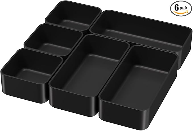 6 Pcs Stackable Drawer Organizer Set Desk Drawer Dividers, Bathroom Vanity Cosmetic Makeup Trays , Multipurpose Plastic Storage Bins for Jewelries, Kitchen Gadgets and Office Accessories, Black