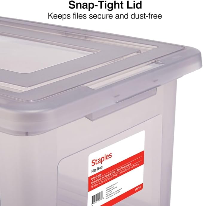 STAPLES File Box Plastic File Box Snap, Letter/Legal Size, Frost Gray, 4/Carton