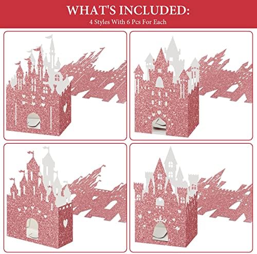 24 Pieces Princess Castle Candy Boxes Glitter Princess Castle Party Decorations Birthday Favor Boxes for Wedding Birthday Party Supplies(Rose Gold)