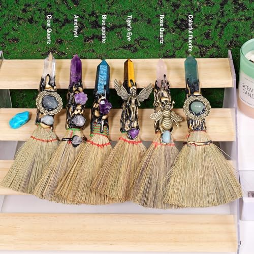 Natural Crystal Broom Magic Sweeper Amethyst Tower Broom Healing Crystal Point Witch Altar Supplies for Crystal Therapy Cleaning Bedroom Office Home Decor Gift