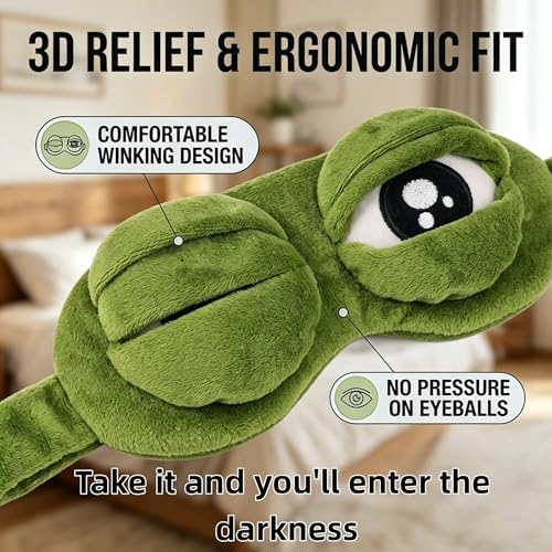 3D Frog Sleep Mask, Funny Cute Frog Eye Mask Plush Blindfold Travel Sleep Masks Super Soft ,Block Out Light Blindfold with Adjustable Eyelids for All Groups of People (1 Pcs)