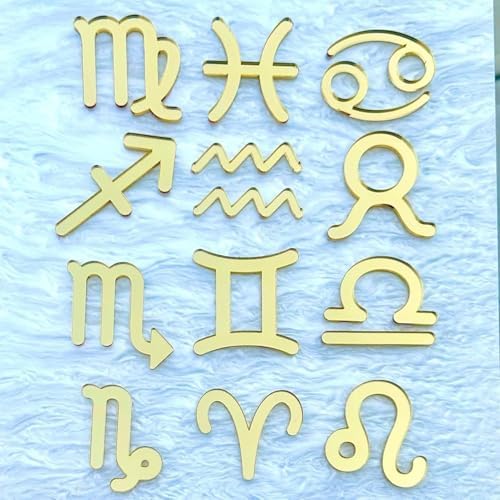 12PCS Gold Acrylic Zodiac Constellation Cake Topper, Aquarius Cake Toppers, Libra Toppers, January-December 12 Zodiac Horoscope Astrology Birthday Party Cake Decorations Supplies