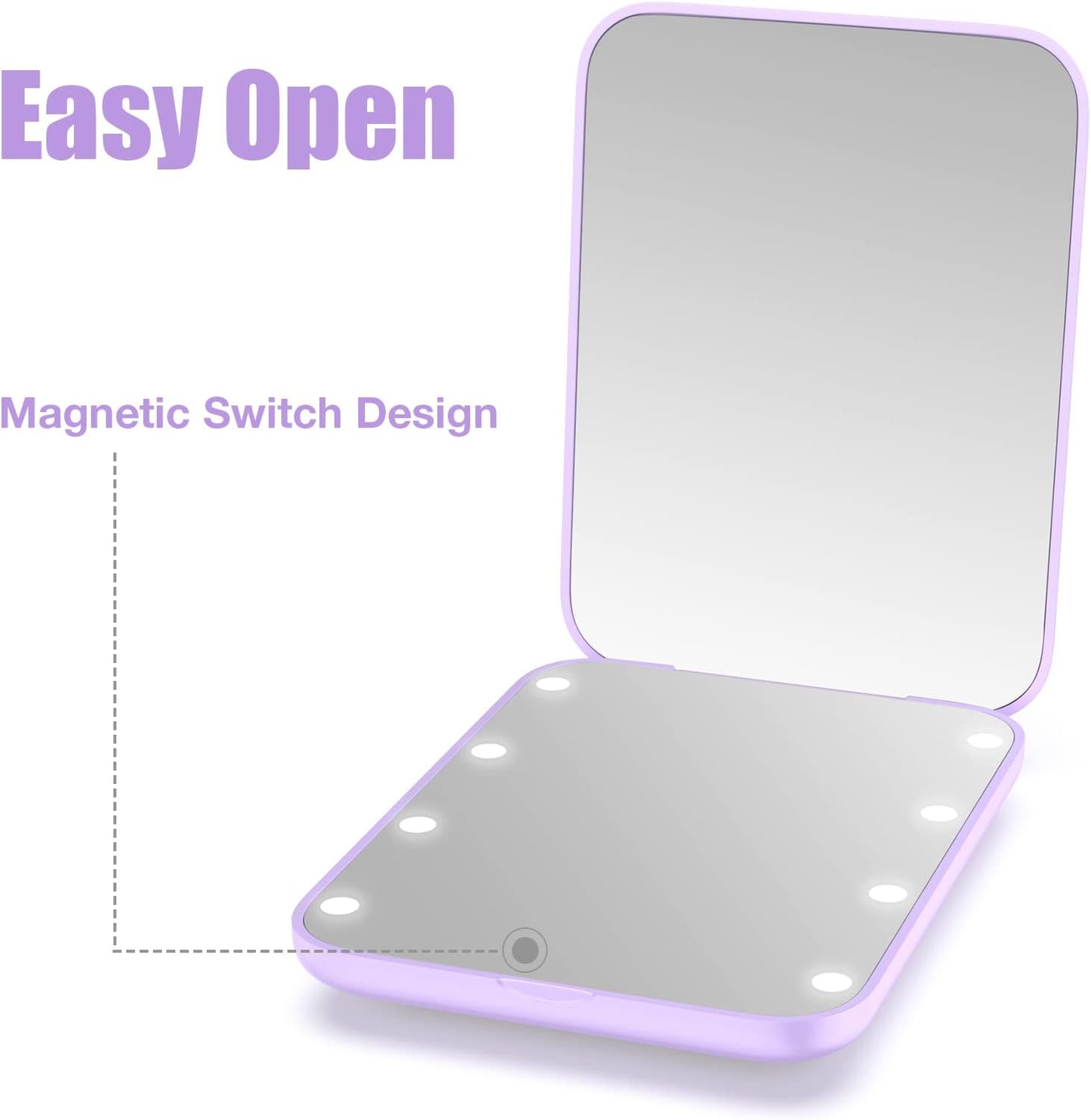 WOBSION Small Mirror with Lights,LED Compact Makeup Mirror,1x/3x Mini Travel Mirror with Magnification,Portable for Purse,Pocket,Gifts for Girls,Purple