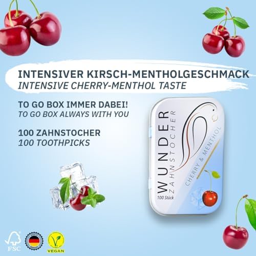 Wonder Toothpick - Flavoured toothpicks - Chewing Gum Plastic-Free - Stop Nail Biting - Fresh Breath with Flavoured toothpicks - Teeth Cleaning to go - Sugar-Free, Vegan (Cherry/Menthol)