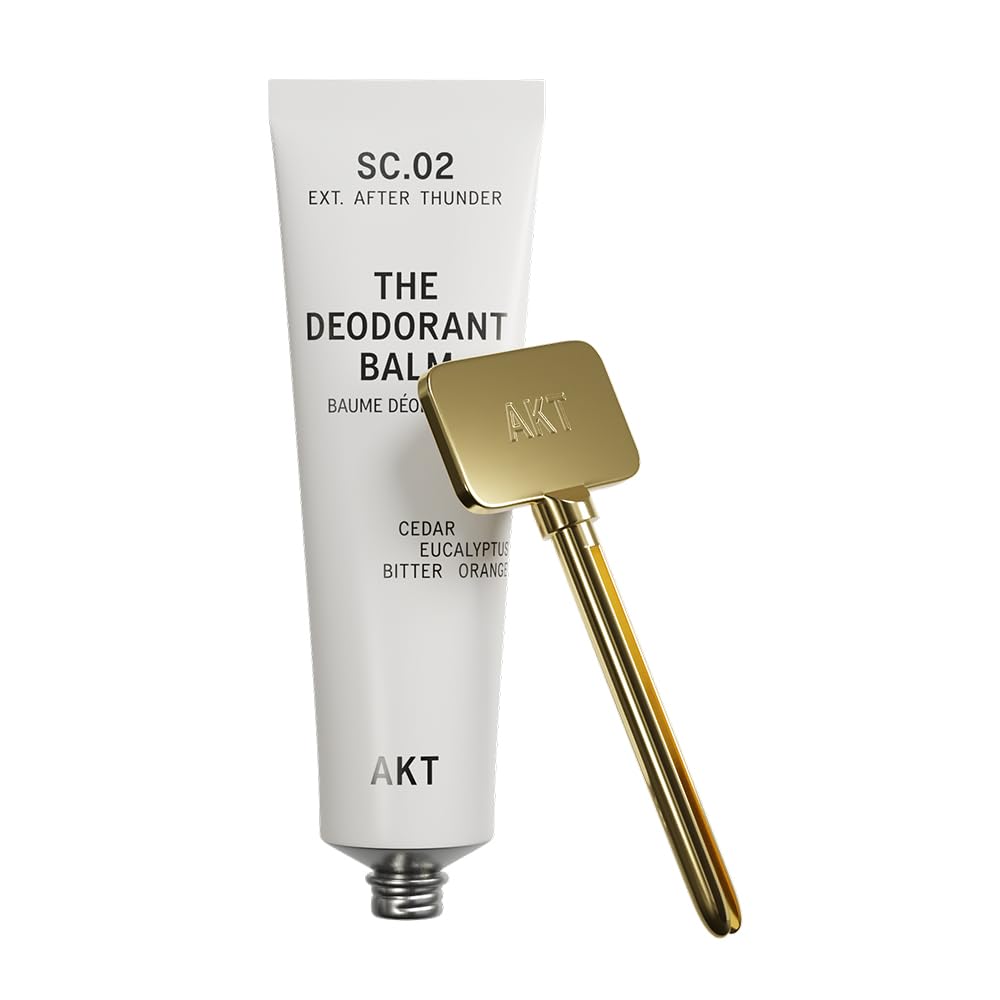 AKT, THE DEODORANT BALM. Award winning, multi-use, natural deodorant. Plastic Free. Gender Free. Aluminium Free. 100% effective â 1 tube lasts up to 3 months. SC.02 AFTER THUNDER. 50ml/1.76 FL.OZ