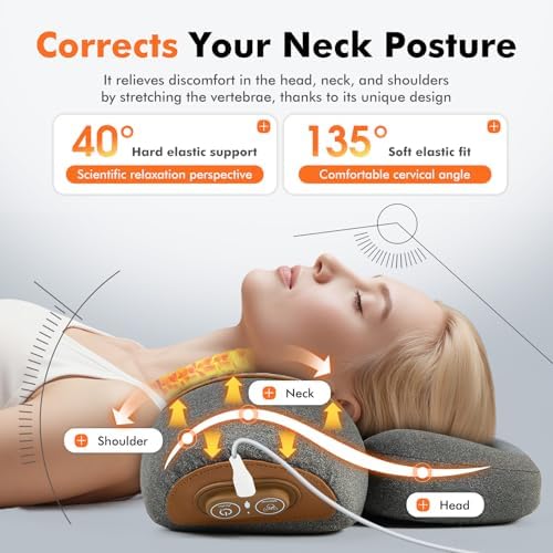 Gifts for Mom, 3-in-1 Electric Neck Massager Pillow with Heat - Rechargeable Neck Cervical Traction Device with Heat, Massage, Electric Stretch, Ergonomic Neck Shoulder Relaxer (Gray Pillow)