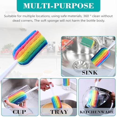 Bottle Brush 4PCS with Straw Brush 4PCS Sponge Cleaning Brushes Long Handle Scouring Pad Scrub Brushes for Kitchen Clean Baby Bottle Glasses Mugs Cups Straw (4PCS+Straw Brush 4PCS)