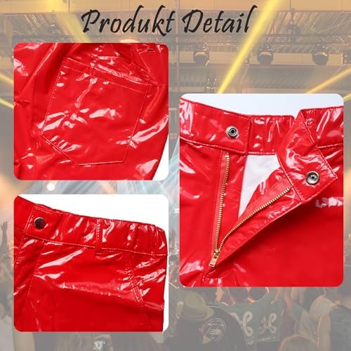 QiaTi Men's PU Leather Shorts Elastic Waist Rave Hot Short Pants Zipper Men Sexy Shorts with Pockets for Club