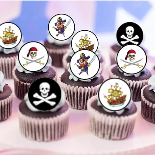 PRECUT Pirate Cupcake Toppers, Pirates Theme Edible Mini Discs - Premium Thickness SWEETENED VANILLA, Wafer Card Cake Decorations (24)