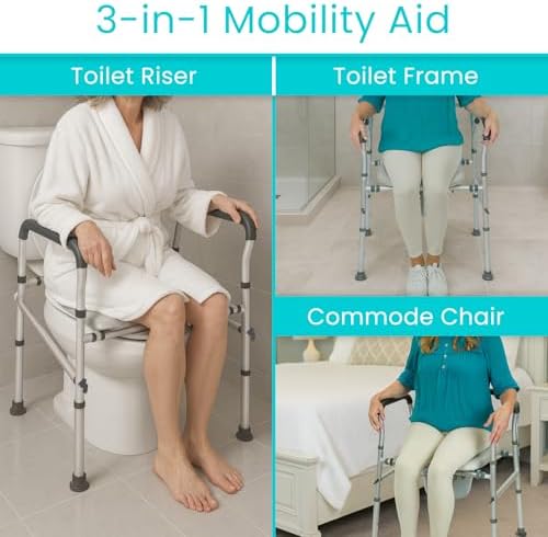 Vive Toilet Seat Riser for Seniors with Handles - Height Adjustable Raised Toilet, Safety Frame for Adults, Commode Chair, Padded Seat, Supportive Armrests (Gray)