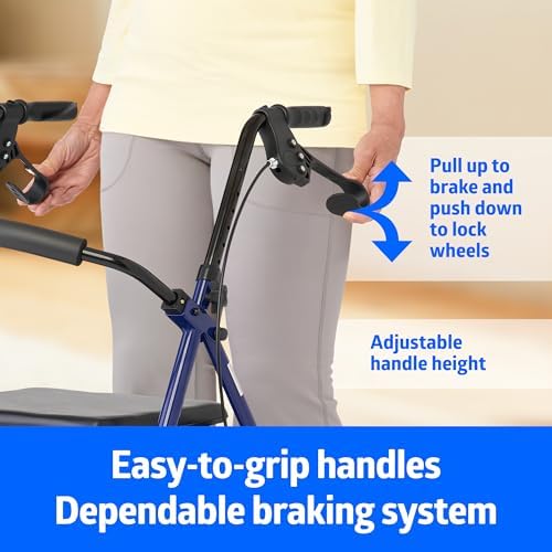 Medline Rolling Walker for Seniors, Folding Rollator with Seat and 6" Wheels, Blue, 350-lb. Capacity, Steel