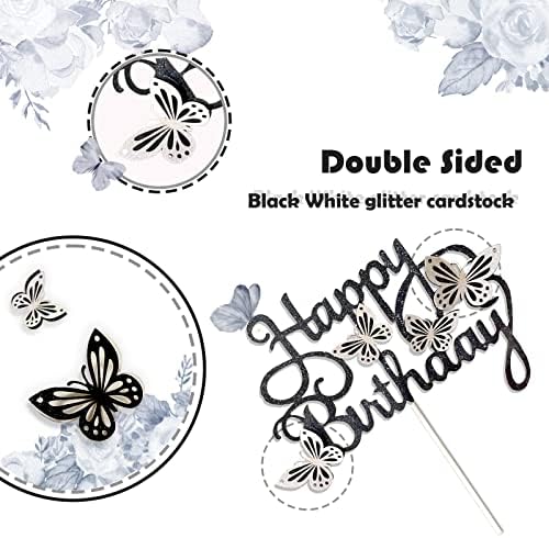 13-Piece Butterfly Cake Toppers - 3D Butterfly Cupcake Toppers for Girls & Women's Birthdays (Black & White)
