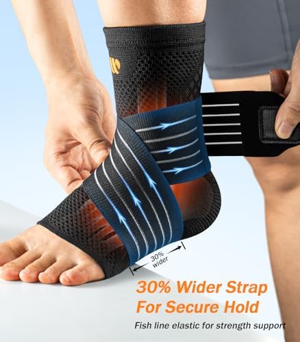 Low-Profile Ankle Braces for Women & Men, Customizable Ankle Compression Sleeve w/Wide Strap, Foot Support Wrap for Plantar Fasciitis Pain Relief, Achilles Tendonitis, Sprain, Black, 1 Pair, S