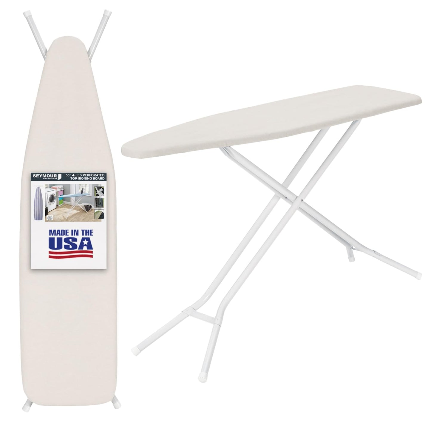 Full Size Ironing Board Made in USA â Beige by Seymour Home Products 4 Heavy-Duty Steel Legs Perforated Top for Steam Includes Cover & Pad Sturdy, Foldable Iron Board for Home & Laundry