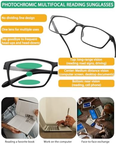 Photochromic Multifocus Reading Glasses For Men Women,Premium Progressive Transition Sunglasses Anti UV/Blue Light