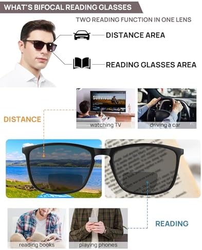 OCCI CHIARI Bifocal Reading Sunglasses for Men UV400 Protection Large Square Sun Readers 100 150 200 250 300 350 (Black,2.0)