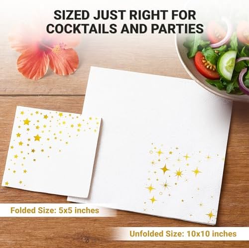 Decorably 3-Ply 100 Pack Disposable Foiled White and Gold Dessert Napkins - 5x5in Folded Square, for Cocktail, Beverage, Appetizers, Dinner, Tea & Garden Party, Bridal & Baby Shower, Birthday, Wedding