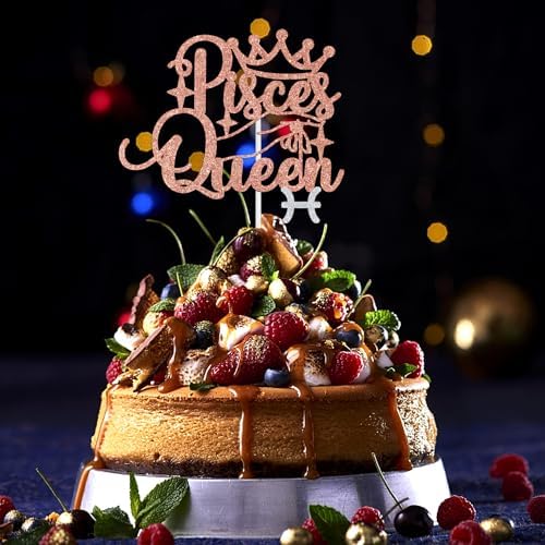 Pisces Queen Cake Topper β Big Pisces Energy Zodiac Sign Birthday Decor for February & March, Constellation Theme Party Supplies for Women, Rose Gold Glitter Cake Decoration