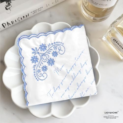LADY&HOME Something Blue Embroidered Wedding Handkerchief, Mom, Dad, Daughter, New Mom, New Dad