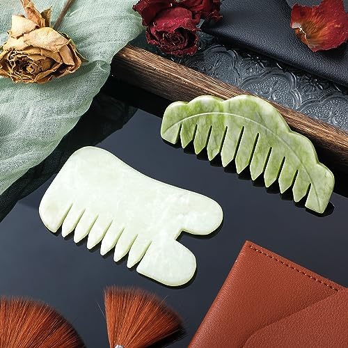 Geiserailie 2 Pcs Jade Combs Esthetician Supplies Massage Stone Hair Gua Sha Scraping Scalp Comb Facial Massage Tool Handheld Head Tools Head Caring Therapy for Women(Chic Style)