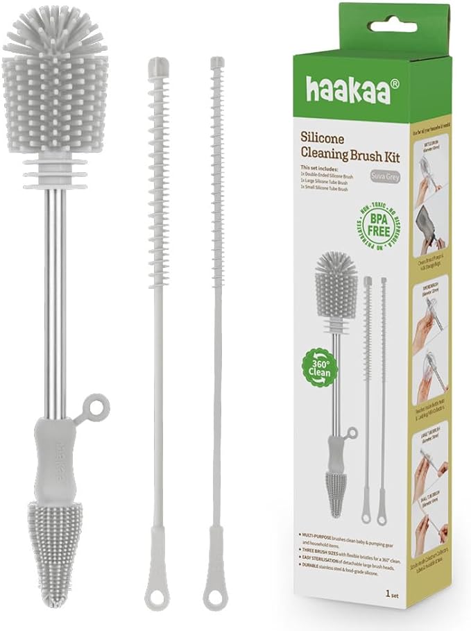 Haakaa Silicone Cleaning Brush Kit â Household Cleaning Brushes for Bottles and Crevices â Food-Grade Silicone: Dishwasher Safe (Kit-Grey)