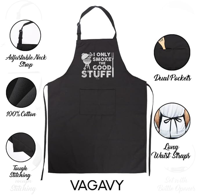 VAGAVY - Funny I Only Smoke The Good Stuff Men Apron with Pockets - Black Aprons for Men, Dad, Husband - Birthday, Fatherās Day Grilling Gifts for Papa, Husbandā¦
