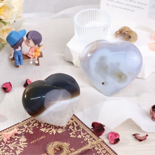 Nupuyai 2.76"-3.66" Natural Agate Heart Stone, Polished Worry Palm Stone for Anxiety Relief, Reiki Healing Crystal Meditation & Positive Energy Feng Shui Decor for Home Office, 200g-300g