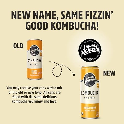 Liquid Remedy Kombucha Sugar Free Organic Drink, Low Calorie, Probiotic Like Tea for Gut Health - Ginger Lemon - 12 Fl Oz Can