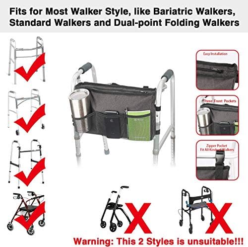 Update Walker Bag Hand Free Storage Bag Walker Attachment Handicap Basket Pouch for Rollator, Wheelchair, Folding Walkers (Black)
