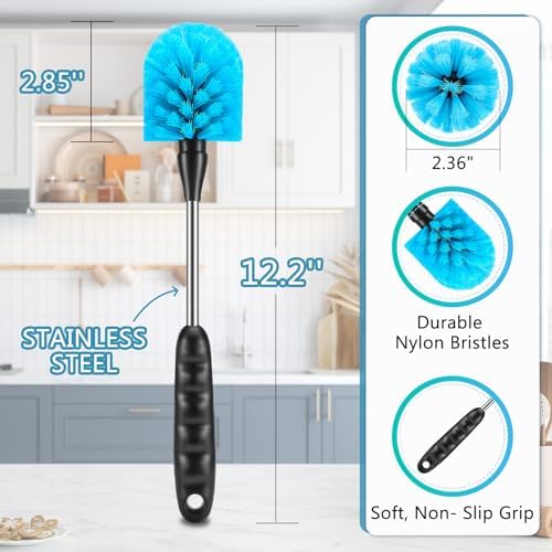 12.2 inch Bottle Brush Set of Three,Washable Coffee Cups, Water Bottles, Baby Bottles, Straws, to-go Cups, Long-Handled 3-in-1 Stainless Steel Bottle Brushes. (Blue)