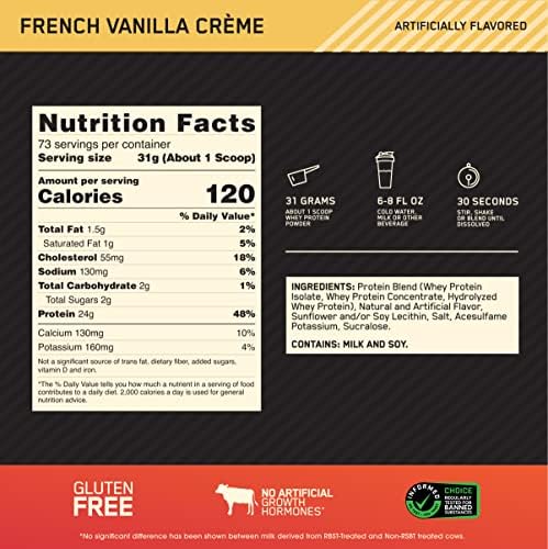 Optimum Nutrition Gold Standard 100% Whey Protein Powder, French Vanilla Crème, 5 Pound (Packaging May Vary)