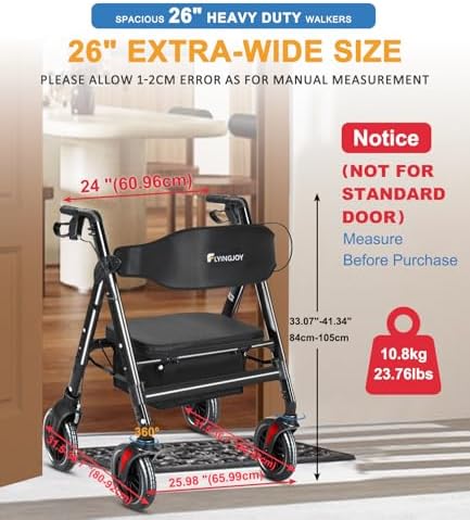 Rollator Walker with Seat,450Lbs Rolling Walker,Extra-Wide Heavy-Duty All-Terrain Walkers for Seniors with backrest & Ergonomic Seat,Adjustable Height,Storage Bag,Foldable Mobility Aid for Adults