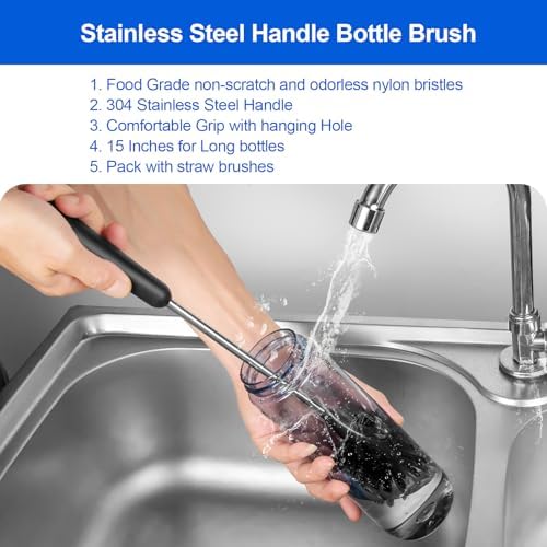 3 Pack Bottle Brush Set, Long Handle Baby Bottle Brush Cleaner with Straw Brush and Lid Brush, Water Bottle Scrubber, Kitchen Scrub Cleaning Brushes for Cups, Coffee Mugs, Tumblers, Thermos