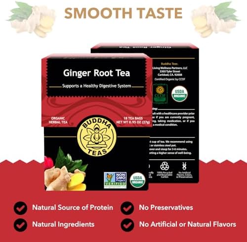 Buddha Teas - Organic Ginger Root Tea - Herbal Tea - For Health & Wellbeing - With Antioxidants & Minerals - Clean Ingredients - Caffeine Free - OU Kosher & Non-GMO - 18 Tea Bags (Pack of 1)