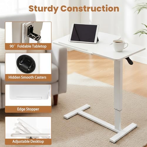 Portable Overbed Rolling Desk, Height Adjustable Mobile Standing Table, Foldable 31 Inch Small Laptop Bedside Desk with Tiltable Desktop, Hidden Wheels, Tray Table for Bed Sofa Side, White