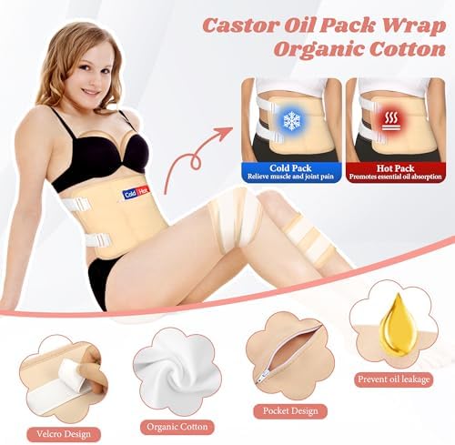 Castor Oil Pack Wrap, 12 Pcs Reusable Castor Oil Pack Kit Organic Cotton for Shoulder Hands Neck Waist Chest Knees and Feet, Adjustable Compress Pads for Entire Body