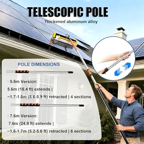 Electric Solar Solar Panel Cleaning Tool, Telescopic Rod Pv Panel Wash Cleaning Machine,with 23.6in Brush with Rear Silicone Scraper Solar Cleaner Robot,Dry/Wet Dualpower-5.6m/18.4ft
