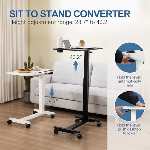Height Adjustable Overbed Table with Wheels, Rolling Laptop Standing Desk, Portable Bedside Tables with Slot, Cup Holder, Mobile Pneumatic Computer Cart, White